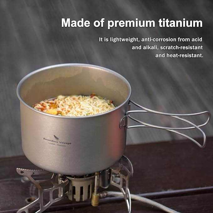 Boundless Voyage Outdoor Titanium Pot with Pan Set with Collapsible Folding Handle for Outdoor