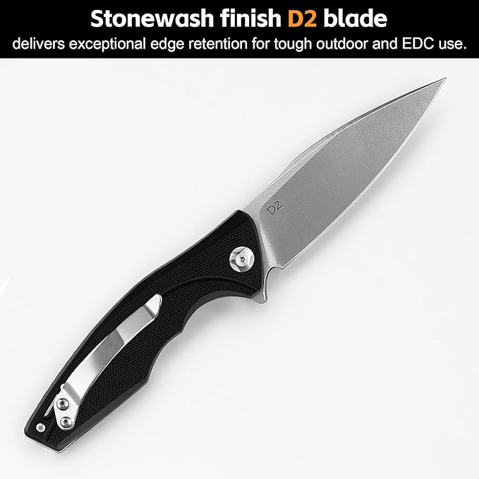 Pocket EDC Knife V903, 3.2" D2 Steel Blade Black G10 Handle Folding Knife with Pocket Clip for Men