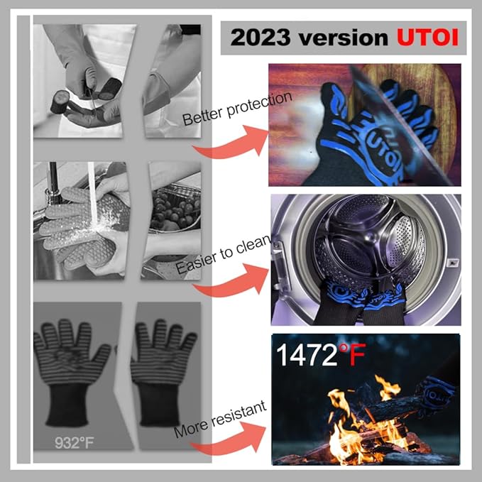 BBQ Gloves, 1472°F Heat Resistant Grilling Gloves, Silicone Non-Slip Long Cooking Gloves for