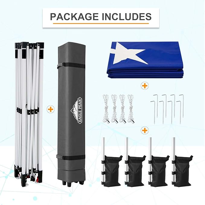 EAGLE PEAK Pop Up Canopy Tent with Wheeled Carry Bag, 8 Stakes, 4 Ropes, 4 Weight Bags, Easy Set Up