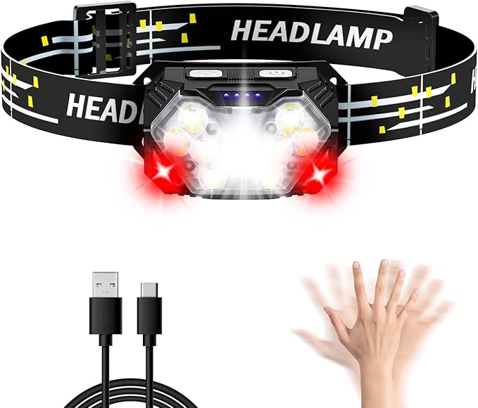 Lsnisni 9 LED Headlamp Rechargeable, 2000 Lumen Super Bright 10 Modes Motion Sensor Head Lamp with