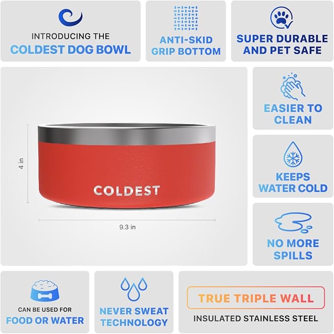 Coldest Dog Bowl - Anti Rust Metal, Non Slip, 3 Layers Insulated Stainless Steel Dog Bowls - Spill