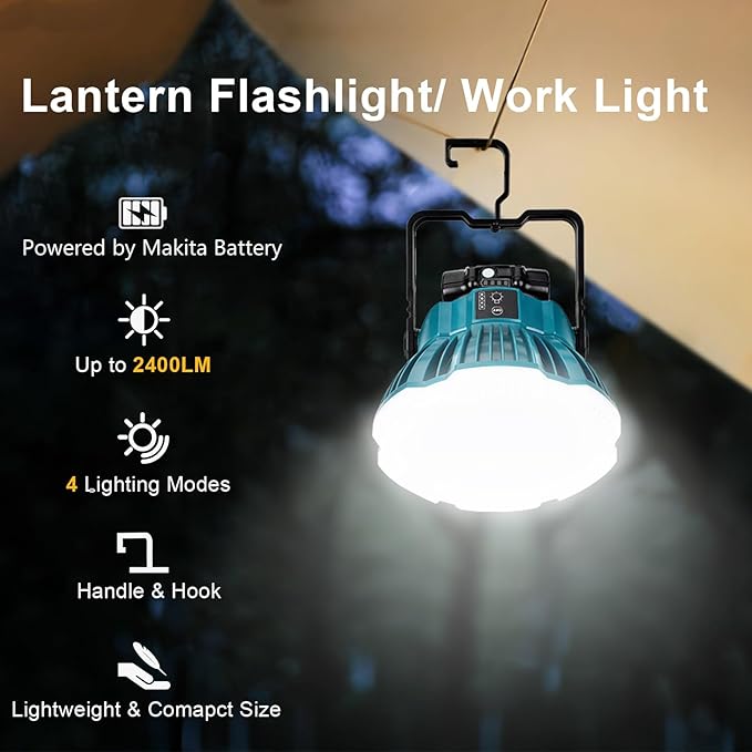 LED Camping Lantern Light Compatible with Makita 18V Battery, 2400LM 3 Adjustable Brightness