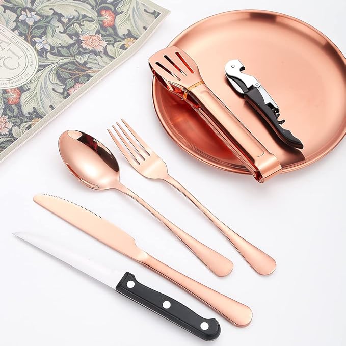 Picnic Tableware Set Camping Flatware Copper/Rose Gold Silverware and Plates Kit for 4 Portable