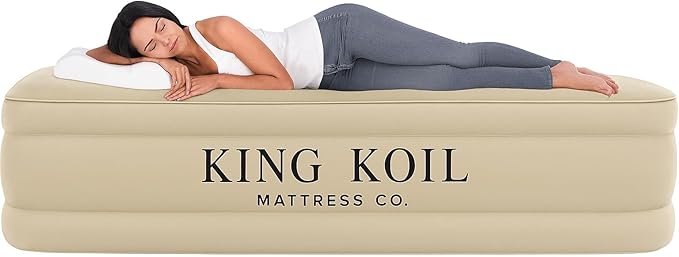 King Koil Plush Pillow Top Twin Air Mattress with Built-in High-Speed Pump for Camping, Home &