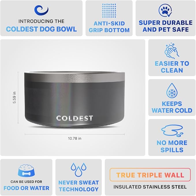 Coldest Dog Bowl - Anti Rust Metal, Non Slip, 3 Layers Insulated Stainless Steel Dog Bowls - Spill