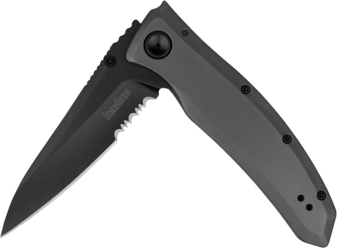 Kershaw Grid Folding Pocket Knife, 3.7 inch Black Serrated Blade, Steel Handle, Pocketclip &