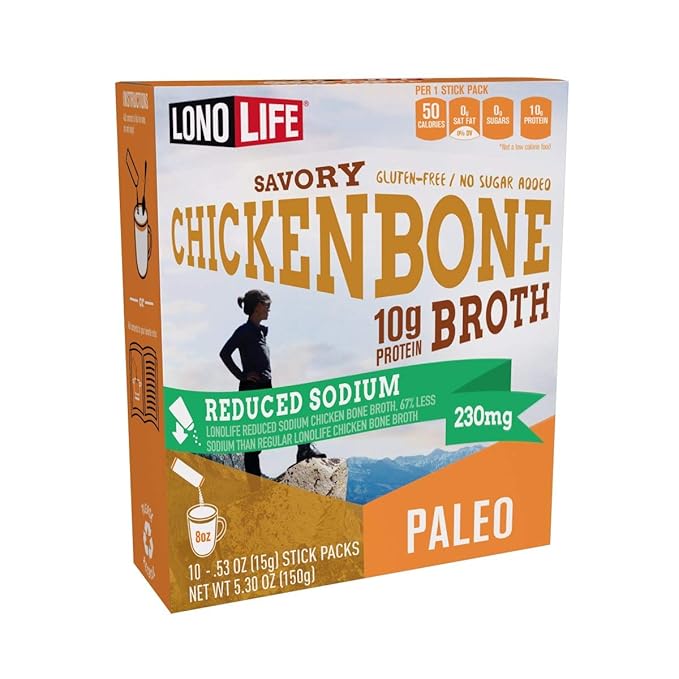 LonoLife Reduced Sodium Chicken Bone Broth Powder Mix | 10g Protein | Collagen-Rich, Keto & Paleo