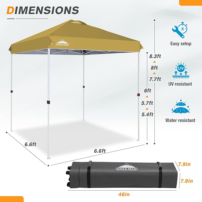 EAGLE PEAK Pop Up Canopy Tent with Wheeled Carry Bag, 8 Stakes, 4 Ropes, Easy Set Up Tent Canopy