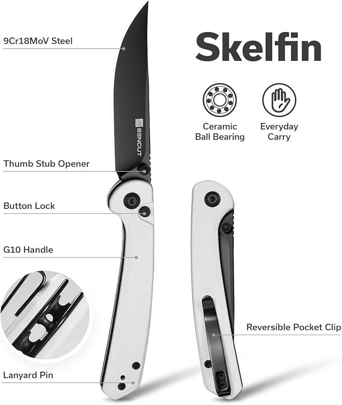 SENCUT Skelfin Pocket Knife for EDC, Folding Knife with 3.3'' Blade & G10 Handle, for Camping