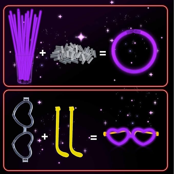 60 Pack 8??Purple Glow Sticks Bulk Bright Glow Sticks with 60 Connectors 20 Heart Glasses Glow In
