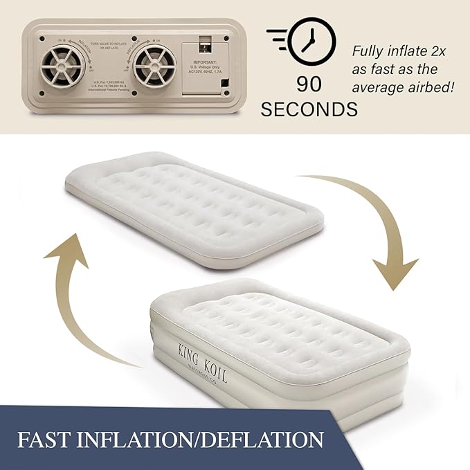 King Koil Plush Pillow Top Twin Air Mattress with Built-in High-Speed Pump for Camping, Home &