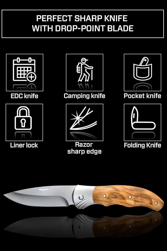 Grand Way Pocket Knife for Men with Wood Handle, Liner lock - Folding Sharp Blade 3.54" - Cool