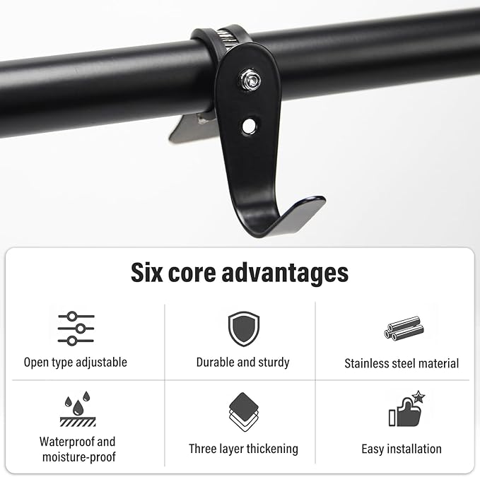 Tube Rod Hooks,Black Adjustable J-Hooks Made of Cold-Rolled Steel, for 0.83"-1.5" in (21-38mm)