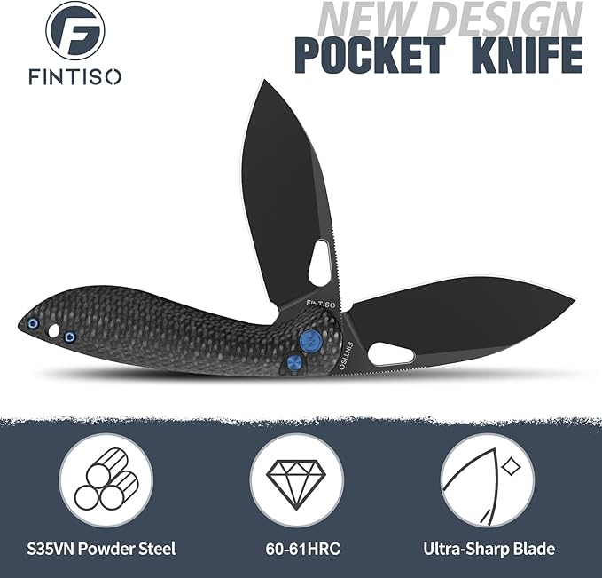 Pocket Knife, 3.1" Unique S35VN Blade Folding Knife with Button Lock, EDC Knife with Carbon Fiber