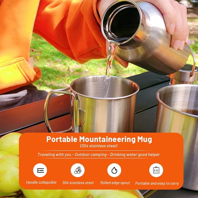 Stainless Camping Cup, 350ml Stainless Steel Camping Cup with Lid and Foldable Handle, High