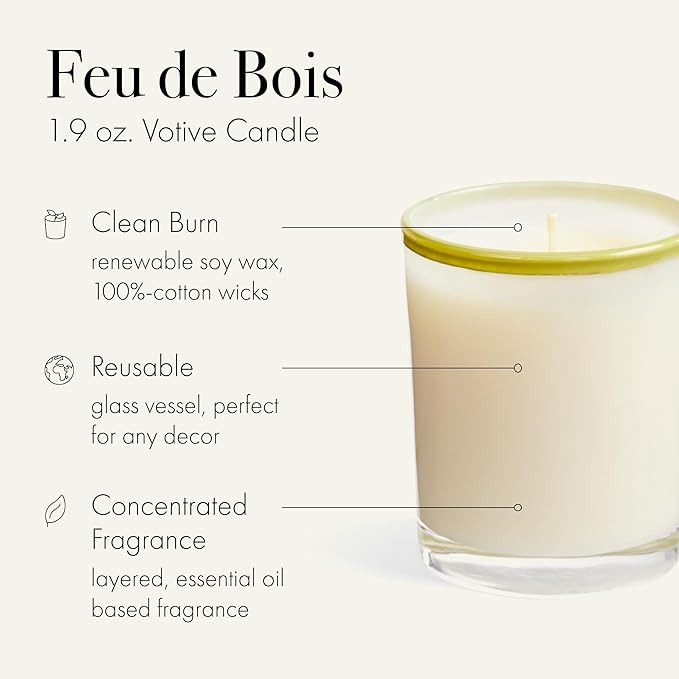 LAFCO New York Votive Candle, Feu de Bois - 1.9 oz - 20-Hour Burn Time - Reusable Glass Vessel