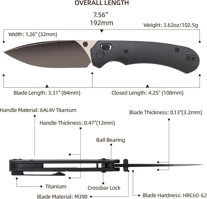 Folding Pocket Knife,3.31” M390 Blade,Erogonomic Titanium Handle,Hunting Survival Knife,EDC Knife