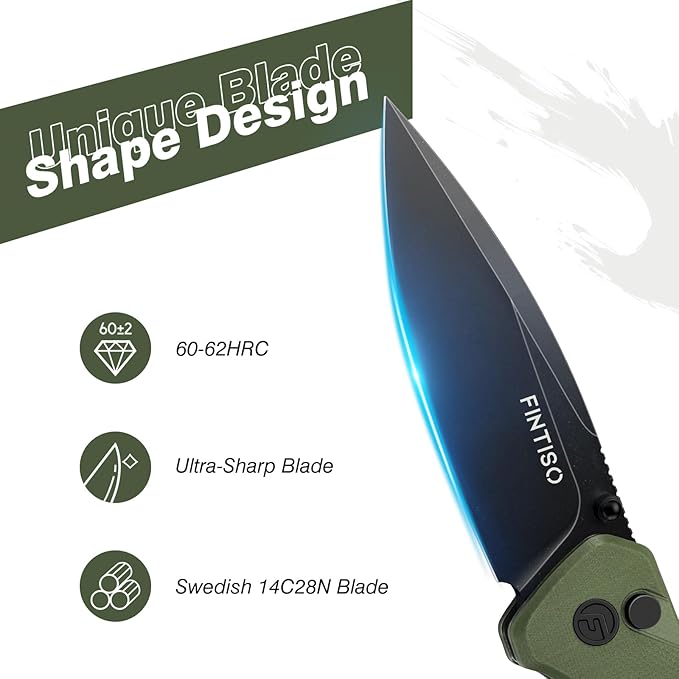 FINTISO Pocket Knife, 3" 14C28N Steel Blade G10 Handle Small EDC knife with Button Lock, Sharp