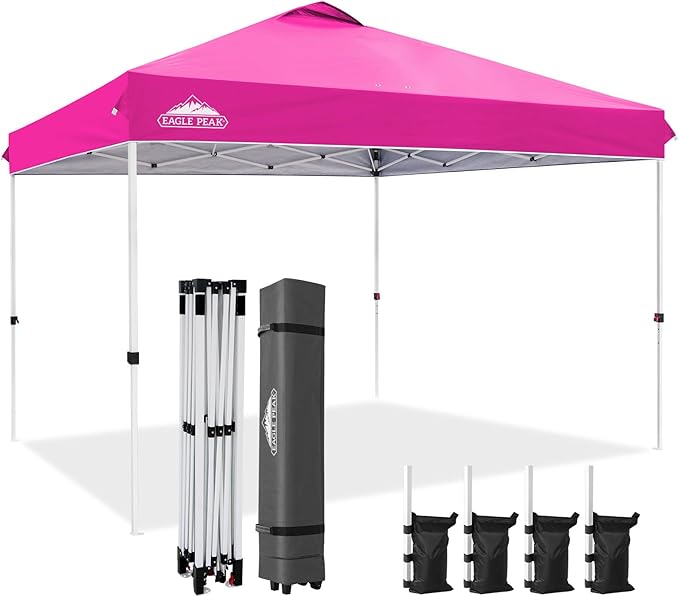 EAGLE PEAK Pop Up Canopy Tent with Wheeled Carry Bag, 8 Stakes, 4 Ropes, 4 Weight Bags, Easy Set Up