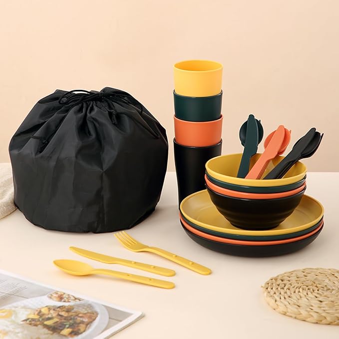 Camping Mess Kit for 4 with Bowl, Plate, Cup, Spoon, Fork, Knife and Carry Bag, Plastic Camping