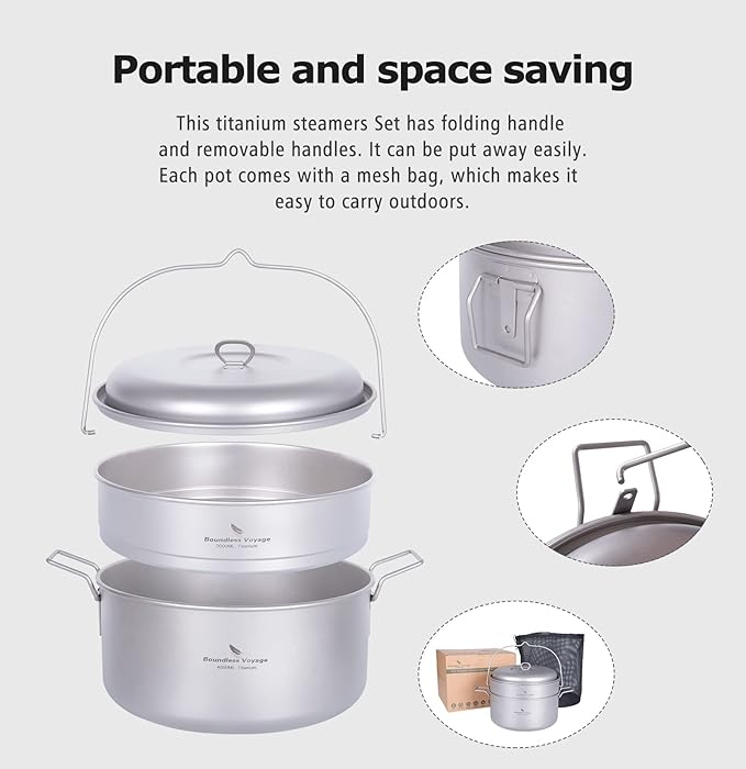 Boundless Voyage Titanium 4.5L Hanging Pot with Steaming Rack Folding Handle Outdoor Camping