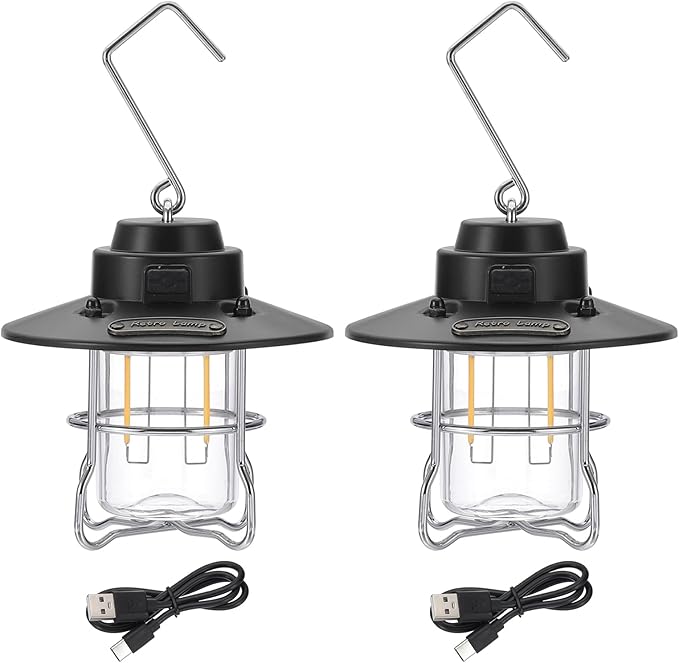 PATIKIL LED Camping Lantern, 2 Pack Vintage Rechargeable Lantern 3 Light Modes Portable Hanging
