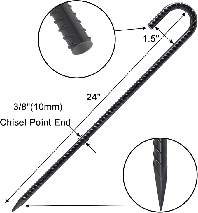 VVOKGO Rebar Stakes 24 Inch J Hook Heavy Duty Ground Anchors (8pcs), 3/8 Inch Diameter Metal Steel