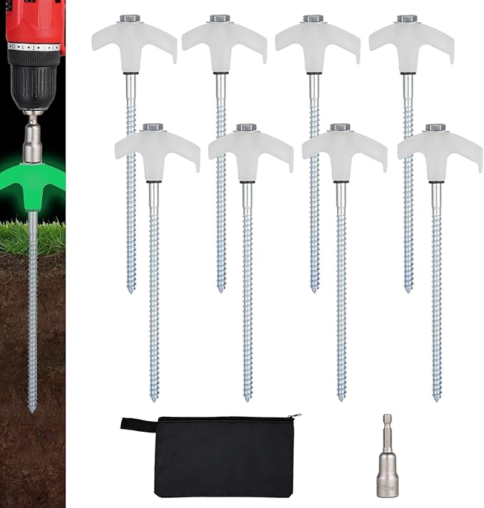 8 Pack Screw in Tent Stakes Heavy Duty,8 Inch Ground Anchors Screw in,Metal Stakes with Hex Head
