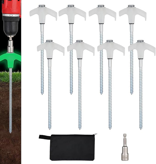 8 Pack Screw in Tent Stakes Heavy Duty,8 Inch Ground Anchors Screw in,Metal Stakes with Hex Head