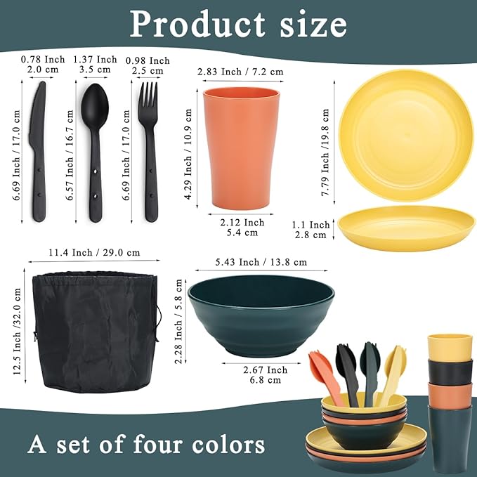 Camping Mess Kit for 4 with Bowl, Plate, Cup, Spoon, Fork, Knife and Carry Bag, Plastic Camping