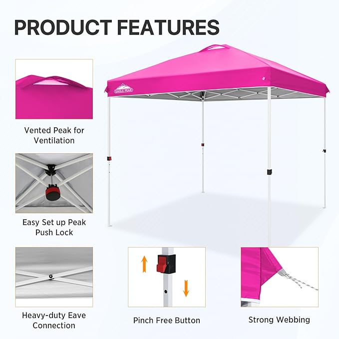 EAGLE PEAK Pop Up Canopy Tent with Wheeled Carry Bag, 8 Stakes, 4 Ropes, Easy Set Up Tent Canopy