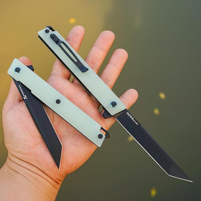 Flipper Pocket Folding Knife,DC53 Steel Blade and G10 Handle. With pocket clip and glass