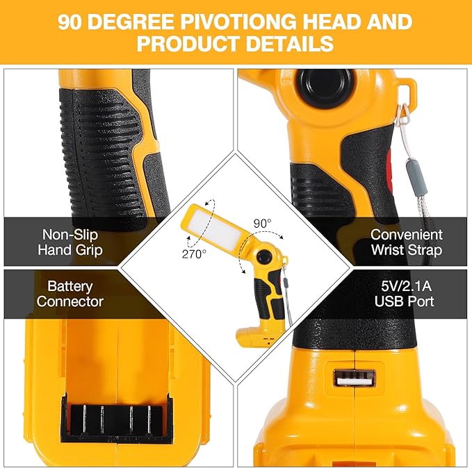 YEX-BUR Led Work Light for Dewalt 20v Battery, 12W 1000LM Cordless Handheld Spotlight with USB Port