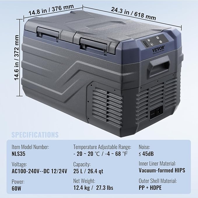 VEVOR NLS35, 12 Volt Car Refrigerator Fridge, 25Liter(26.4qt) Dual Zone Portable Freezer, -4℉-68℉