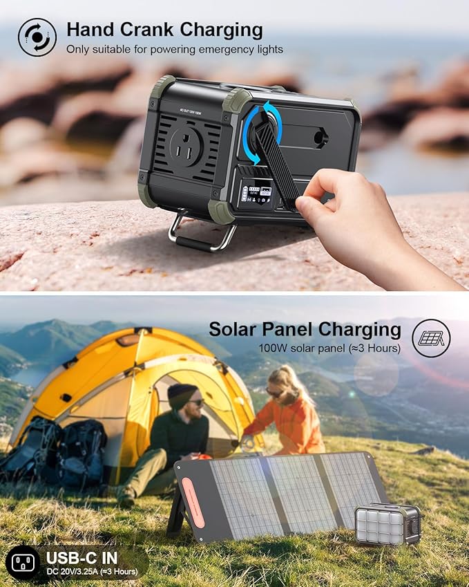 BROWEY Portable Power Station 153Wh Small Solar Generator with Hand Crank 120V 150W AC Outlet
