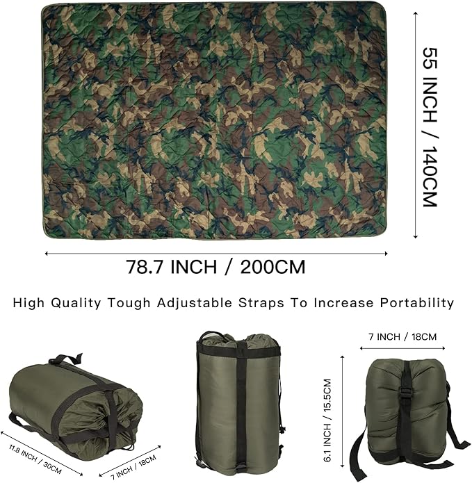 Military Poncho Liner 55”x 79” Camping Blanket Insulation Compact Waterproof for Travel Stadium