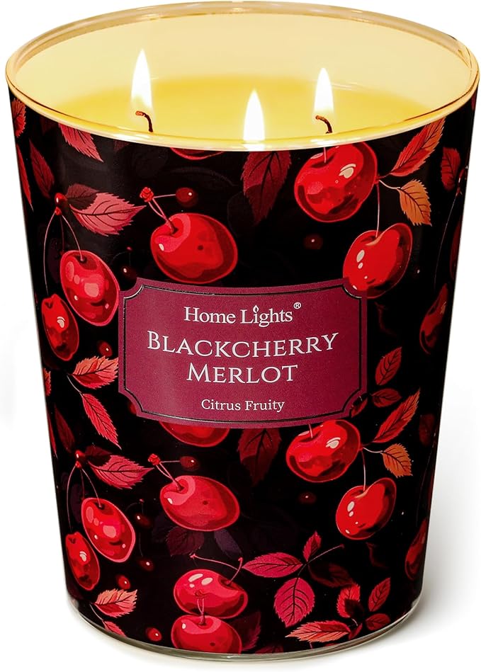 HomeLights Soy Wax Candles for Home Scented, 3-Wick Candles in Blackcherry Merlot Scented