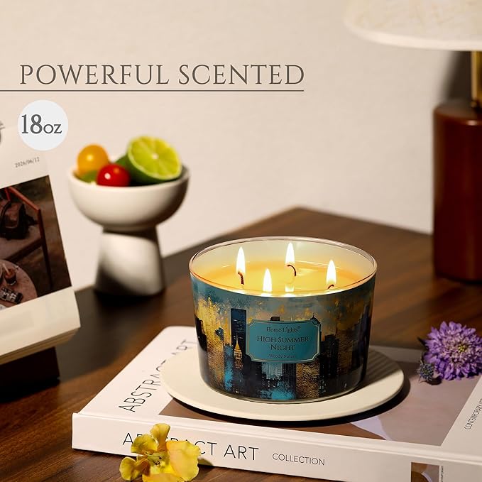 HomeLights High Summer Night Scented Candles | 18oz Soy Candles Industrial Chic 4-Wick Large Candle