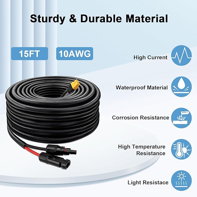 Solar to XT60 Cable 10AWG 15FT Solar Connector to XT60 Adapter Cable for Solar Panel to Battery RV