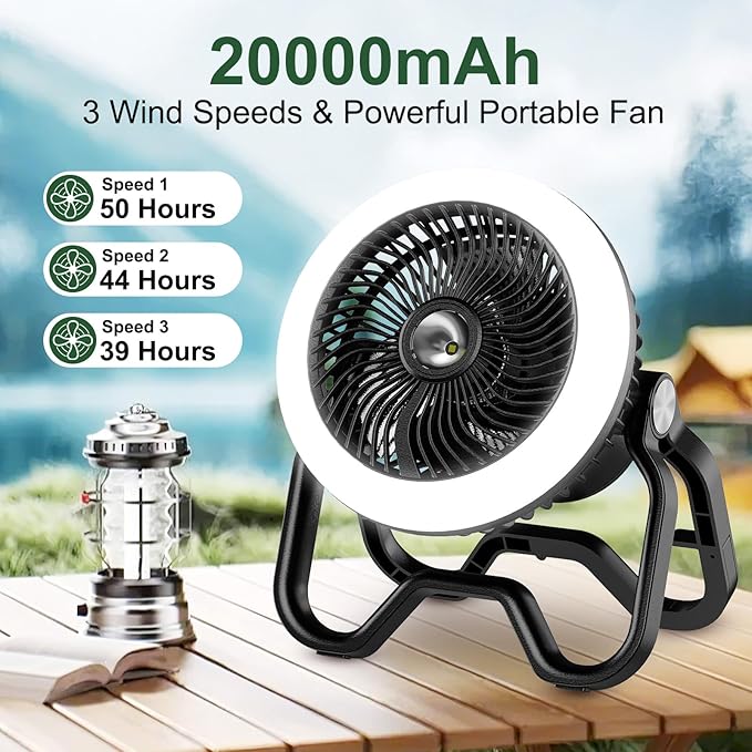 Portable Rechargeable Camping Fan with LED Lantern-40Hrs, Battery Operated Oscillating Fan with