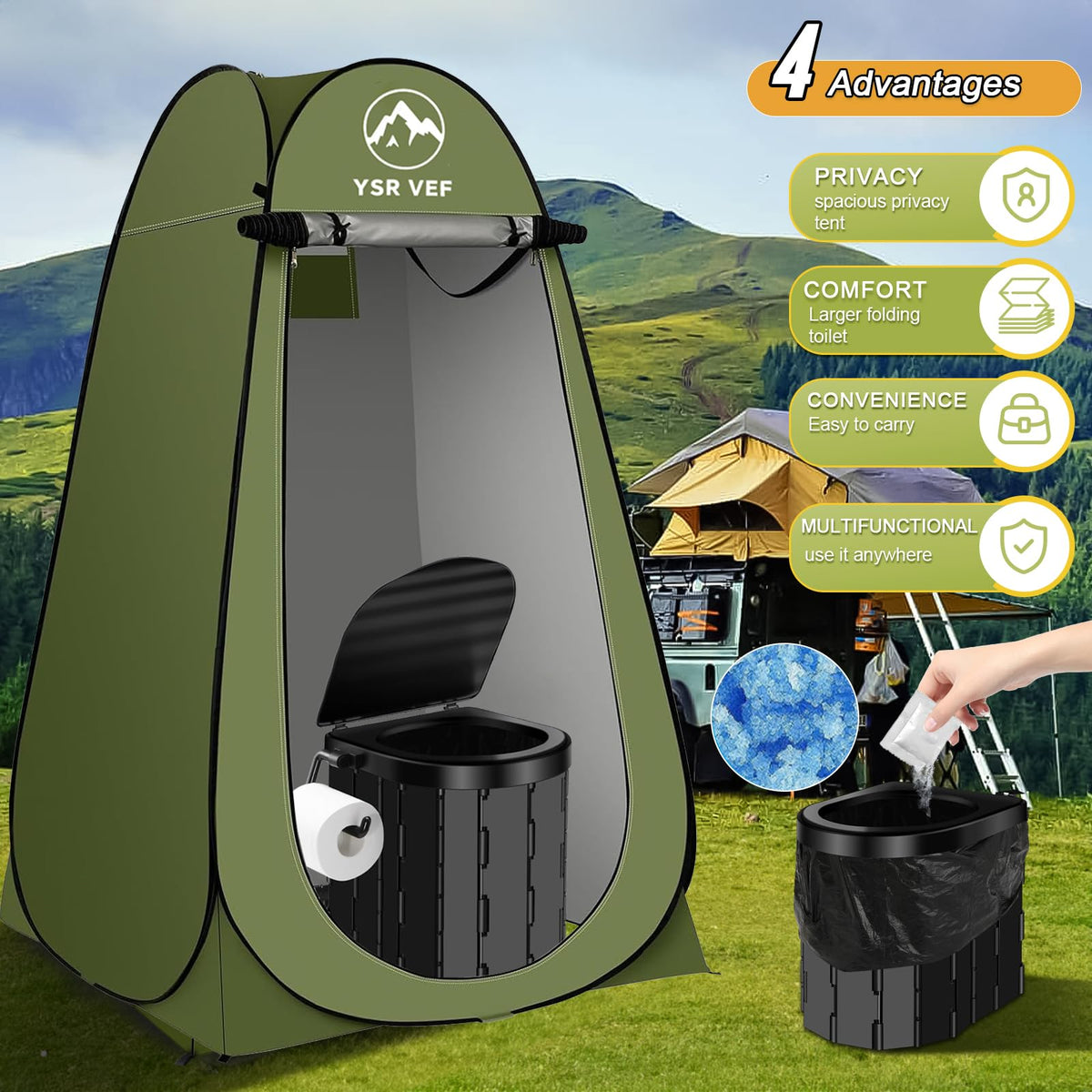 Portable Toilet Kit for Adults, Camping Toilet with Pop-Up Privacy Tent and Poo Gel Toilet Bags