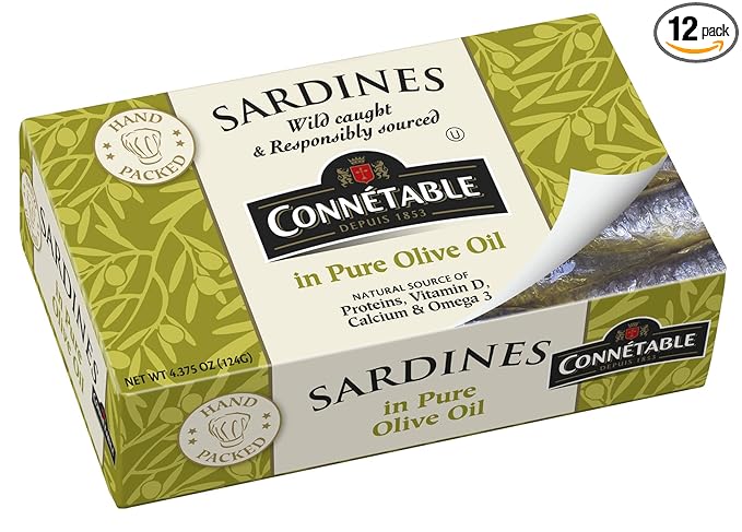 Sardines | Connetable | Sardines in Pure Olive Oil | 4.375 Ounce | Pack of 12