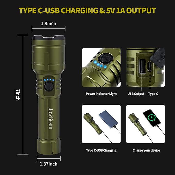 Tactical Flashlight High Lumens, 5000mAh USB-C Rechargeable, 3000lm Bright Flashlights 5000 FT