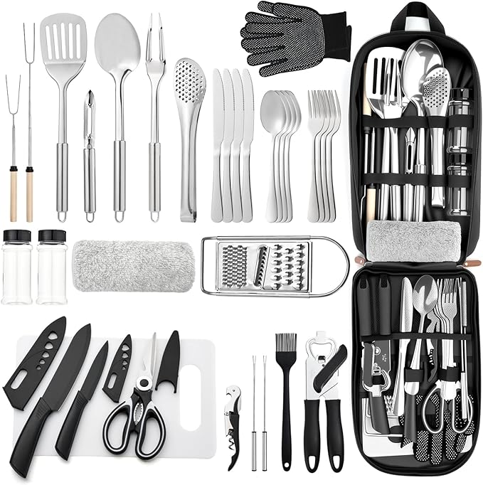 Portable Camping Kitchen Utensil 34 Pcs Set- Cookware Kit, Stainless Steel Outdoor Cooking and