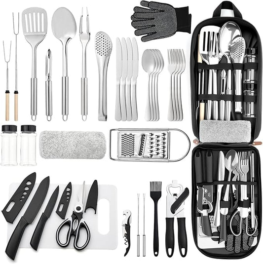 Portable Camping Kitchen Utensil 34 Pcs Set- Cookware Kit, Stainless Steel Outdoor Cooking and