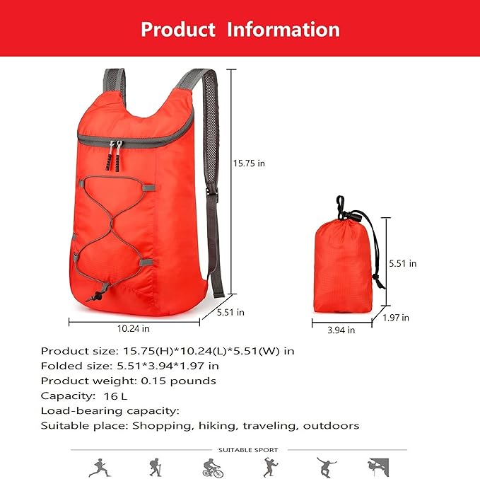 16L Lightweight Foldable Hiking-Backpack Small Packable-Daypack For Travel,Ultralight