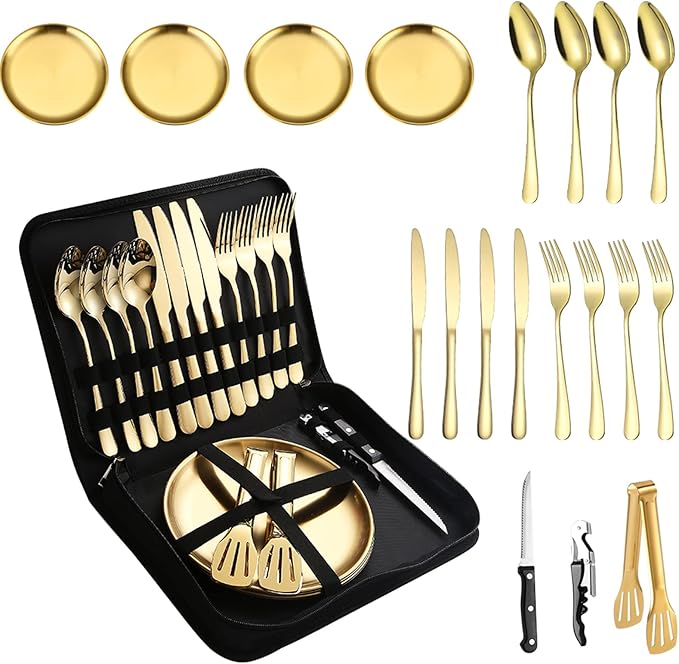 Picnic Dishes Utensils Gold Camping Flatware Set for 4 Portable Tableware Plates Silverware Forks