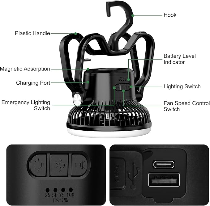 Portable Rechargeable Camping Fan with LED Lantern-40Hrs, Battery Operated Oscillating Fan with