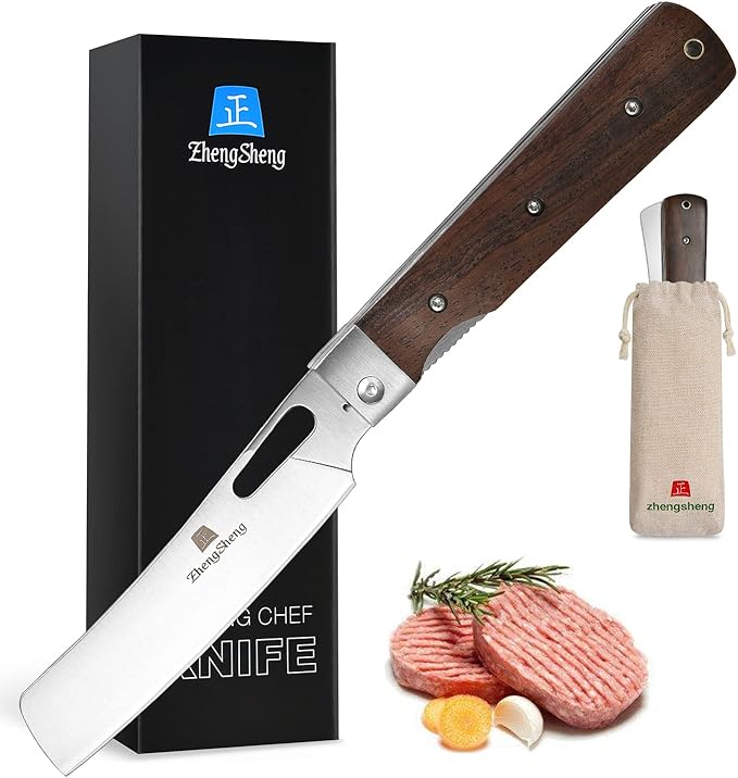 Folding Chef Knife 4.8" Sharp 440A Stainless Steel Blade Wooden Handle Pocket Foldable Japanese